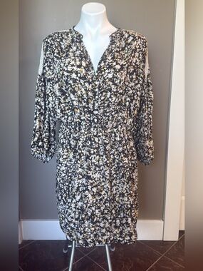 Floral Button-Front Tunic Dress in Black, White & Yellow